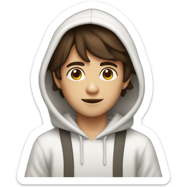 Boy with semi-long semi-dark brown hair with white hoodie sticker