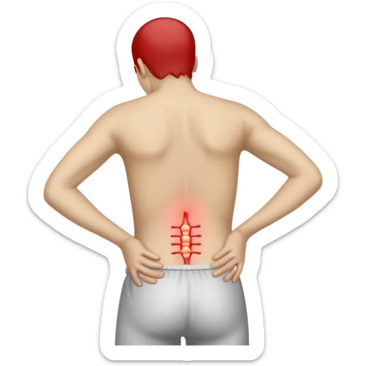 A person standing and holding their lower back in pain, with a red highlight showing the sore area. The person’s face expresses discomfort, and the background is plain white. Realistic lighting, medical concept illustration showing lower back soreness or muscle strain. sticker