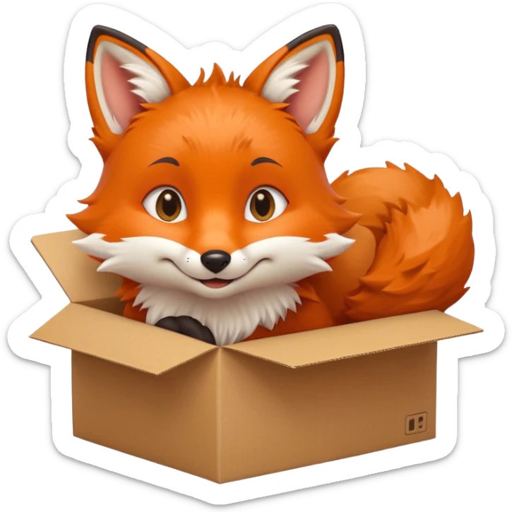 smiling fox curled in a box, gazing up with playful eyes, emoji style sticker