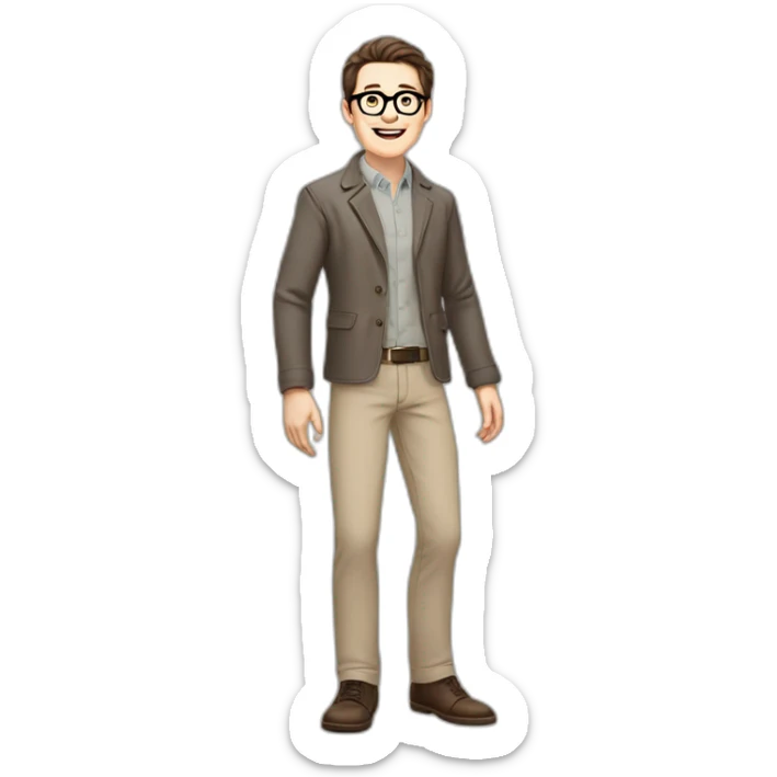 Joyful Full height Pale skinned Fit Man With dark brown hair in gray classic jacket, beige office shirt, Brown pants and vintage glasses. Thrumbs of his palms are up sticker