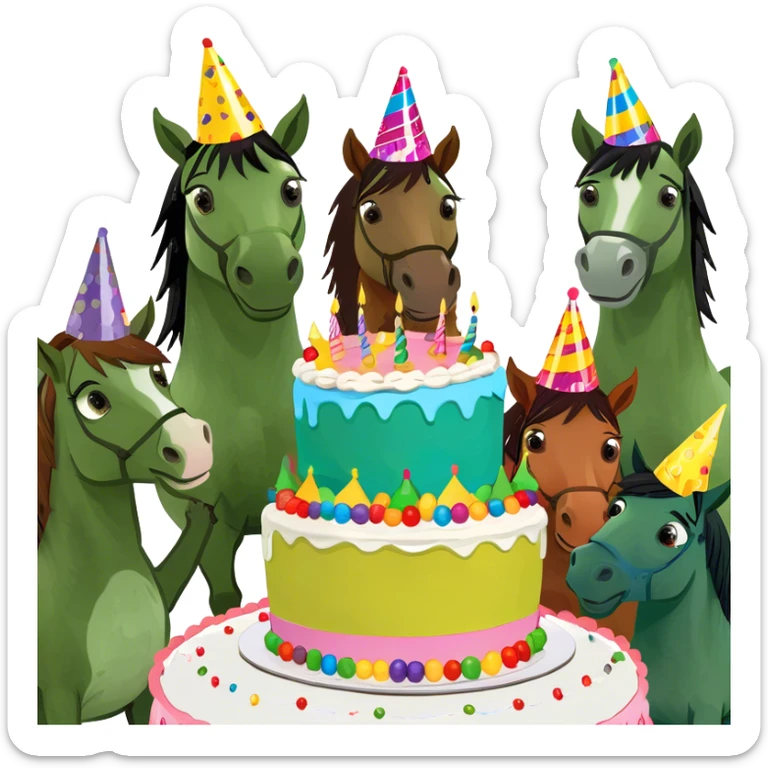 A bunch of horses wearing a birthday hats around a cake sticker