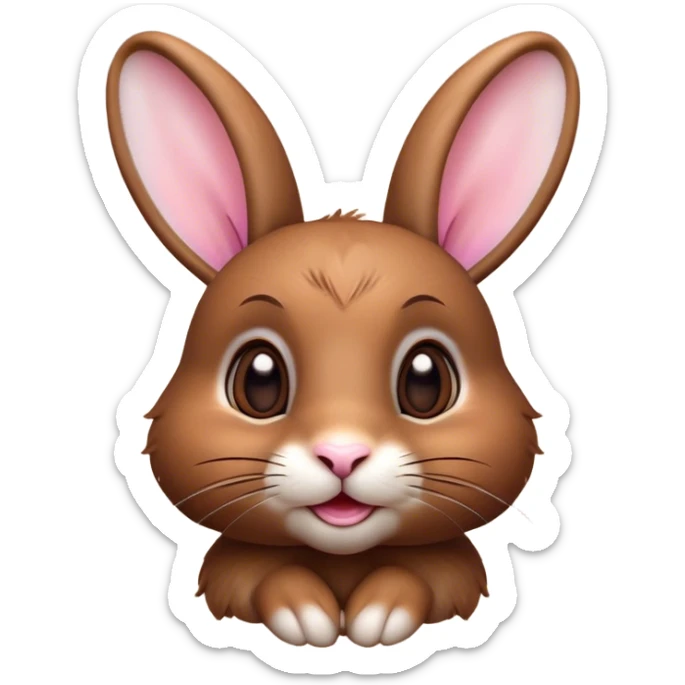 Cinematic Cute Brown Rabbit Portrait Emoji, Head tilted playfully and inquisitively, featuring a glossy, velvety brown fur with perky ears, round, sparkling brown eyes filled with curiosity, Simplified yet irresistibly adorable features, highly detailed, glowing with a warm, friendly glow, high shine, affectionate and lively, stylized with a touch of whimsy, bright and endearing, soft glowing outline, capturing the essence of a mischievous yet loving bunny, so playful it feels like it could hop out of the screen and into your arms! sticker