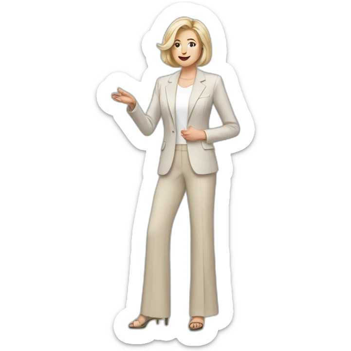 Full height Actively gesturing with hands pale skin woman with ash blonde Straightened bob Hair, White Spacious classical jacket, beige palazzo Arrow pants and gray blouse sticker