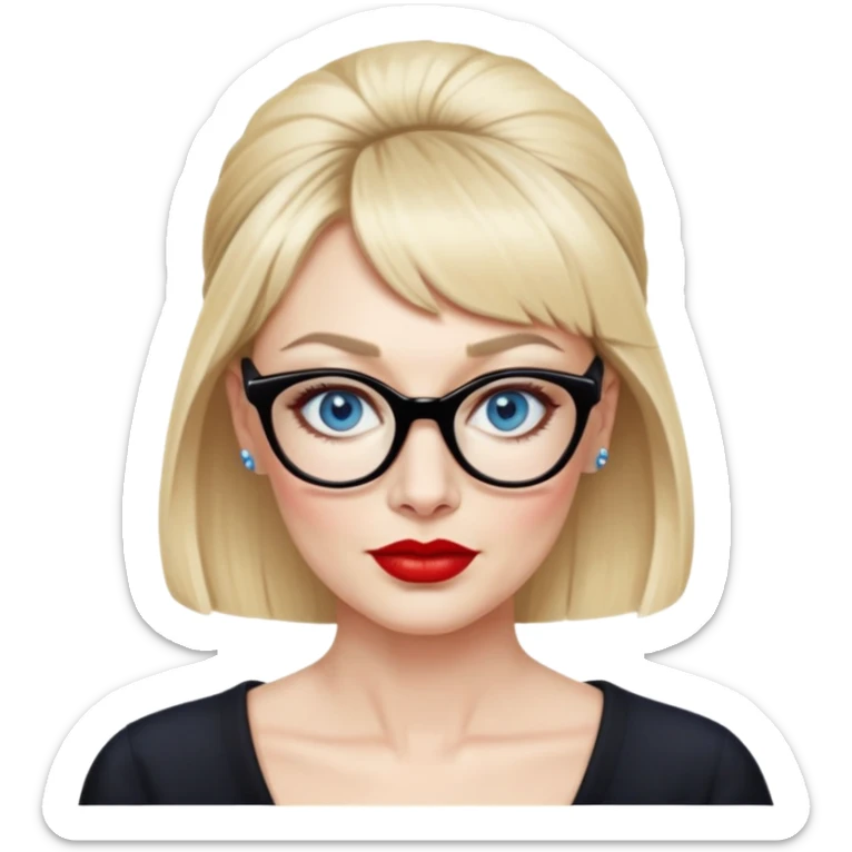 Woman in her early 50s with pale skin, wider face, blue eyes with eyeliner, thin eyebrows, red lipstick, blonde updo with bangs, wearing a black glasses  sticker