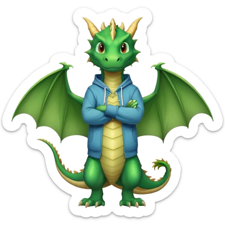 friendly anthropomorphised green dragon in a hoodie and jeans standing upright with arms folded sticker