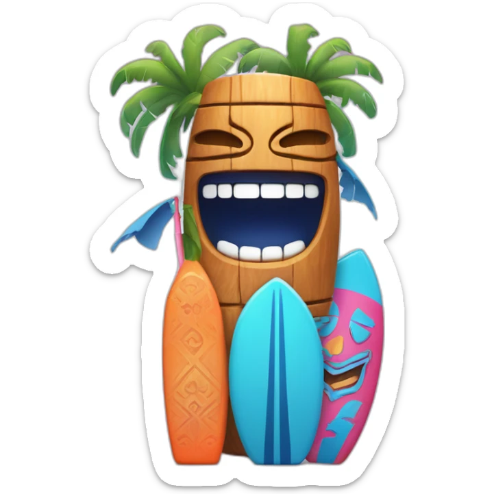 Blue and orange tiki smiling with surfboard and Blue and pink tiki singing with mikrophone sticker