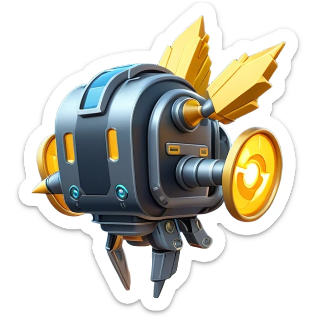 Clash of Clans aesthetic: Cinematic Playful 3D Isometric Jetpack Emoji, rendered in a 3D vector-style similar to standard emojis with minimal shading and bold, simplified shapes. A compact, distinct form with signature details, softly glowing with a futuristic sci-fi warfare charm. Simplified yet unmistakably iconic, highly detailed and consistent, glowing with a soft radiance and high shine. Stylized with a touch of high-tech brilliance and a soft glowing outline, capturing the essence of a beloved gaming relic with a friendly, playful manner! sticker