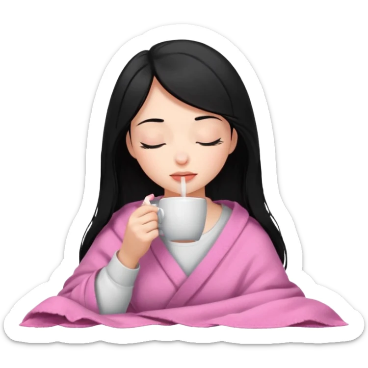 black haired girl inside a pink blanket sipping coffee with eyes closed and lashes sticker