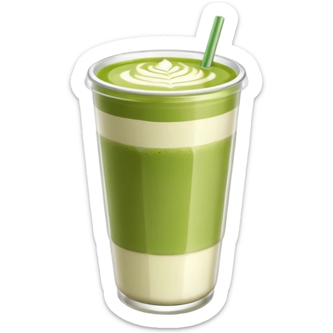 A clear glass with matcha latte. The glass should be a takeaway one, similar to Starbucks', but clear and without the logo. I'd like the latte to blend with the matcha. sticker