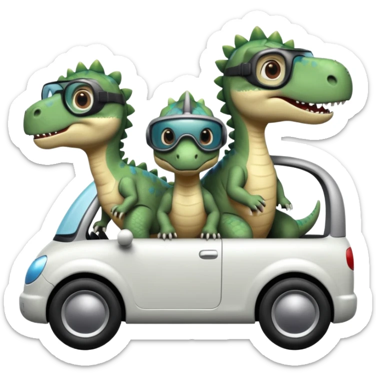 Tres dinosaurios bebés grises cada uno subido en un carro tecnológico blanco con lentes de realidad virtual sticker