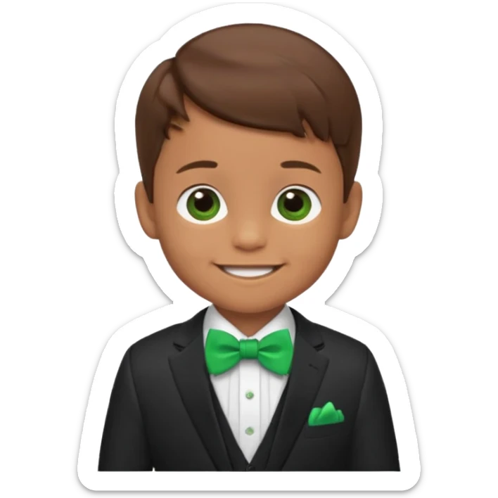 baby boy brown hair in suit, with green bow, smile sticker