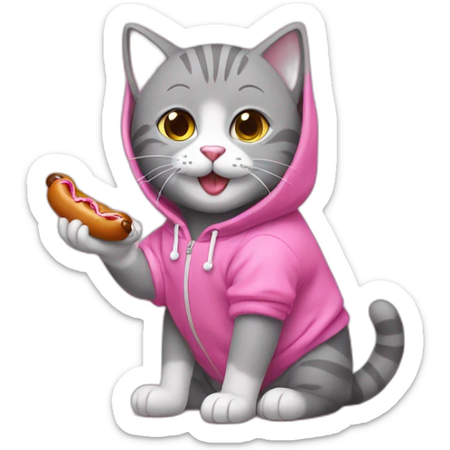 Cute gray stuffed cat eating a sausage. This cat has a pink hoodie sticker