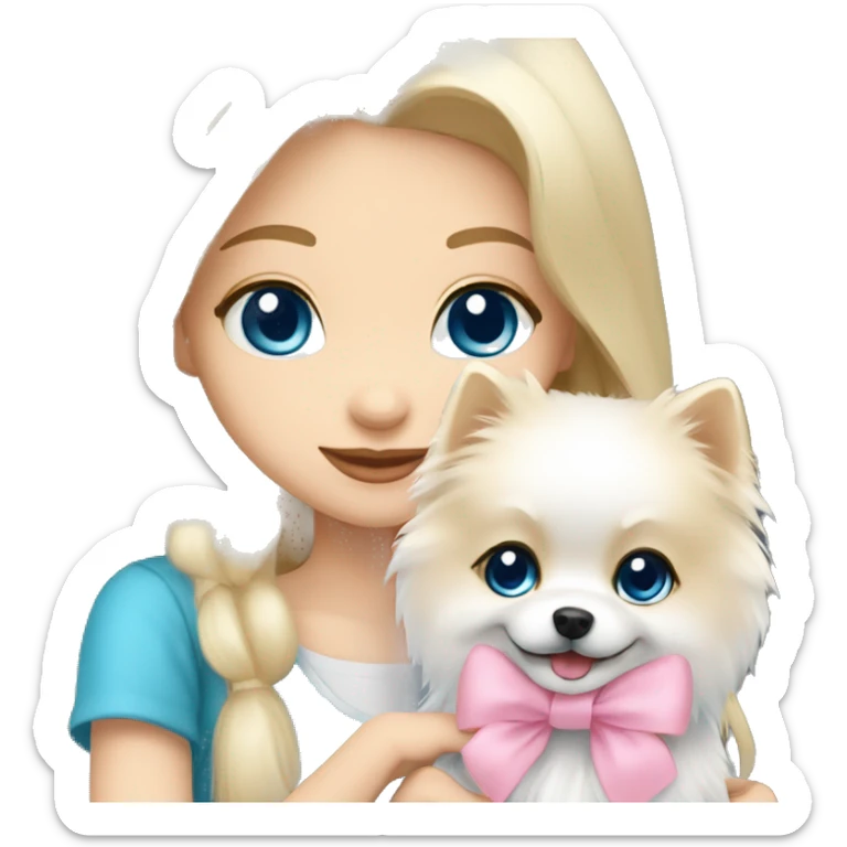 Blond girl white skin blue eyes hugging white Pomeranian with light pink bow sticker