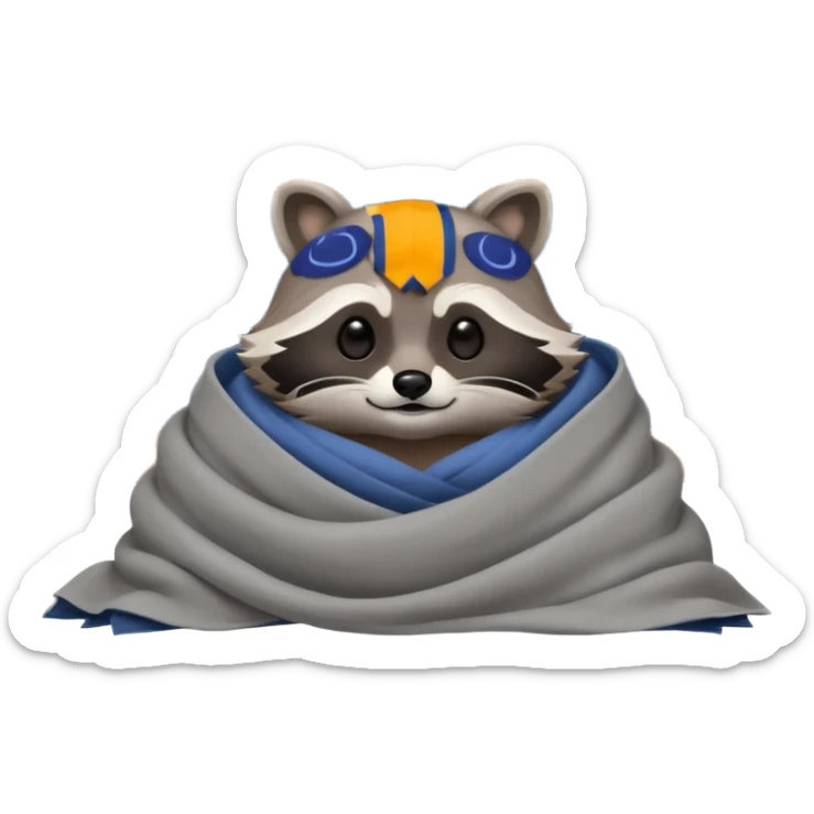 A raccoon sleeps under a blanket against the backdrop of an open window with the moon sticker