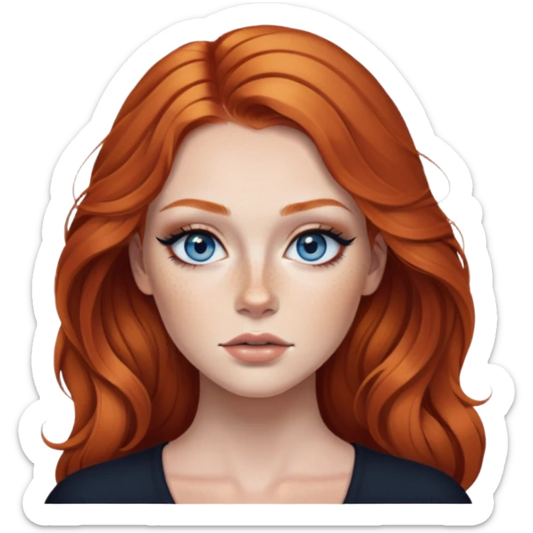 ginger hair, blue eyes, freckled, baddie,pretty makeup, strong makeup, black eyeliner, long hair sticker
