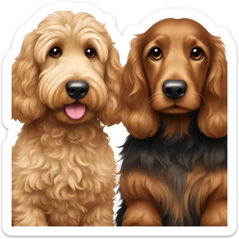 Large Brown goldendoodle and black and tan longhair dachshund sitting together  sticker