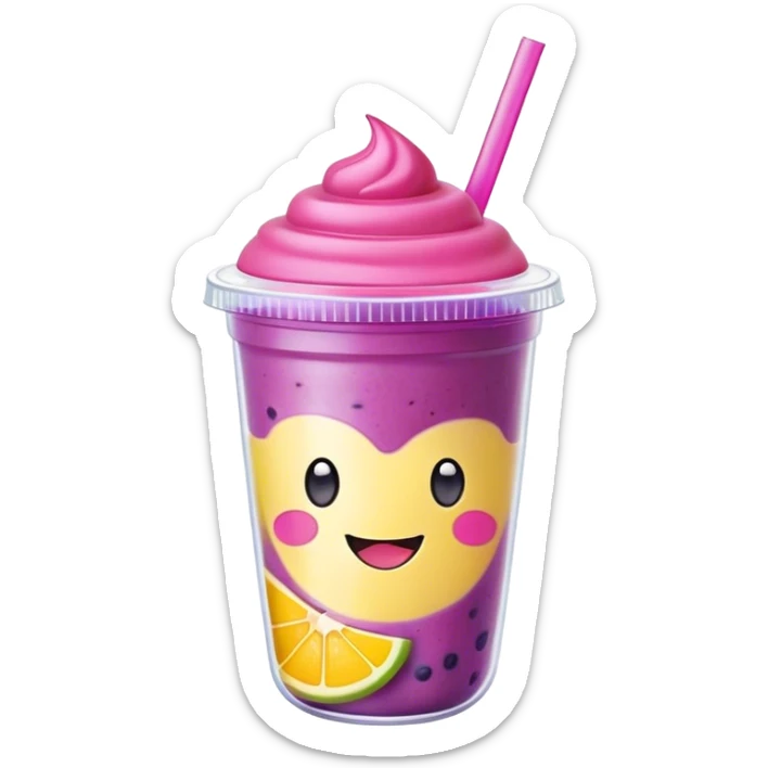 Cute Kawaii Smoothie Cup, filled with blended fruity goodness, a smiling face with excited eyes, bright colorful layers of pink, yellow, and purple, topped with a straw and tiny fruit slices! sticker
