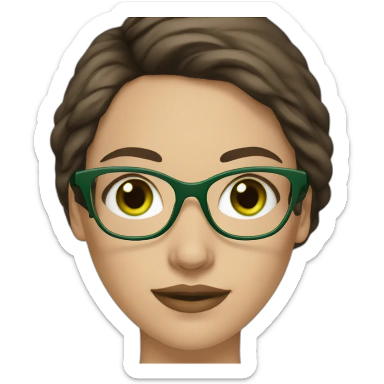White woman with long dark brown hair and green eyes using glasses writing sticker