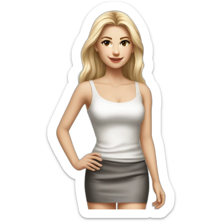 hyperrealist caucasian, long blonde hair, brown eyes, woman, white decollette tank top, gray tight mini skirt, black high heels, full height sticker