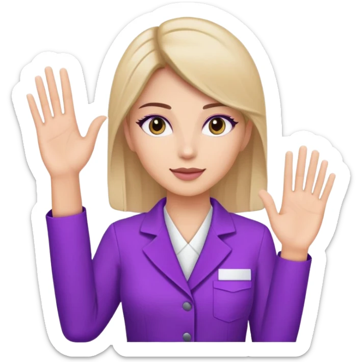 A woman raising her hand, wearing a purple beauty salon work uniform with a professional appearance sticker