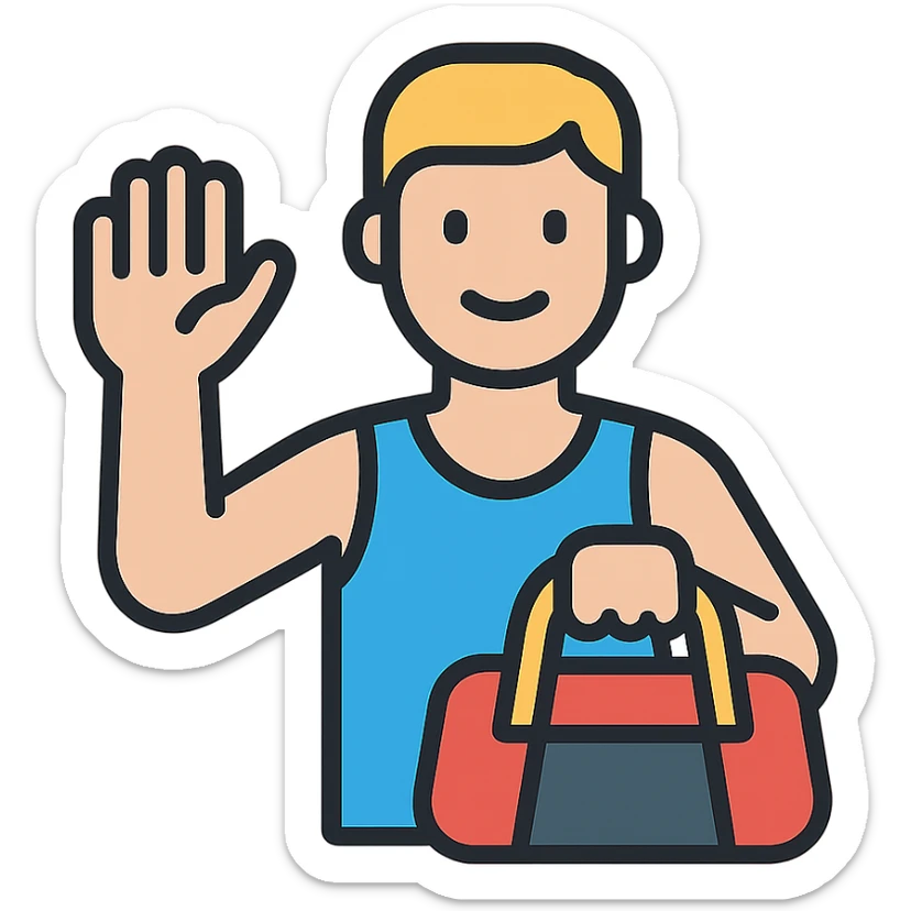 a sportsman holding his gymbag waving his hand goodbye sticker
