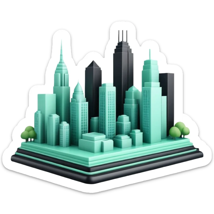 Urbanisme & Aménagement (Urban Planning), 3D techy icon with black and mint green (#B5F4D3) color scheme, city skyline with blueprint sticker