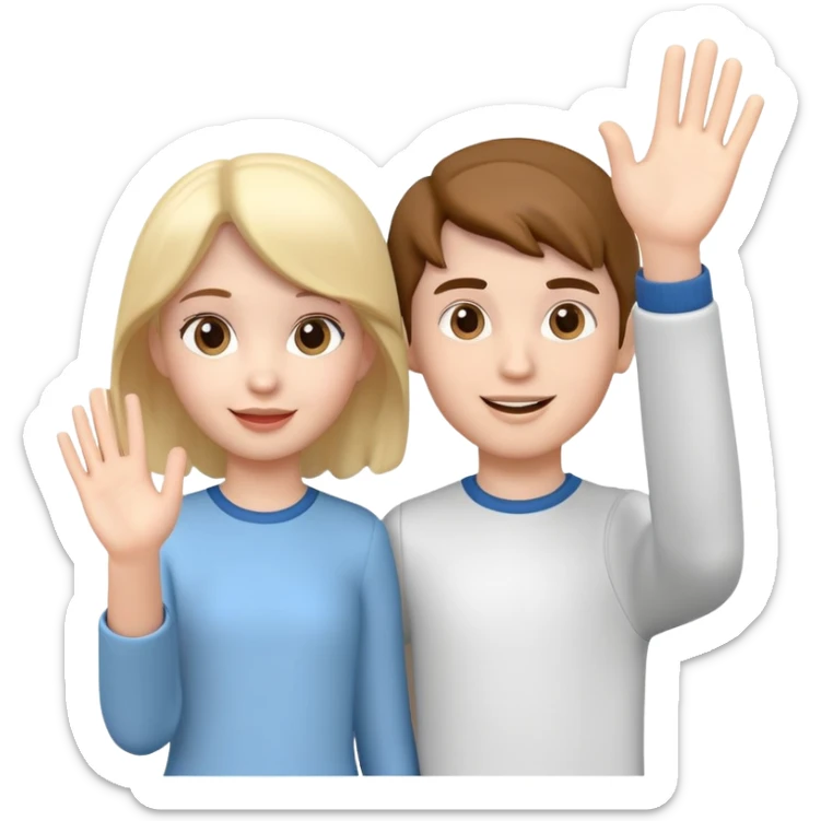 generate realistic detailed boy and girlboy waving hi 3d style  sticker