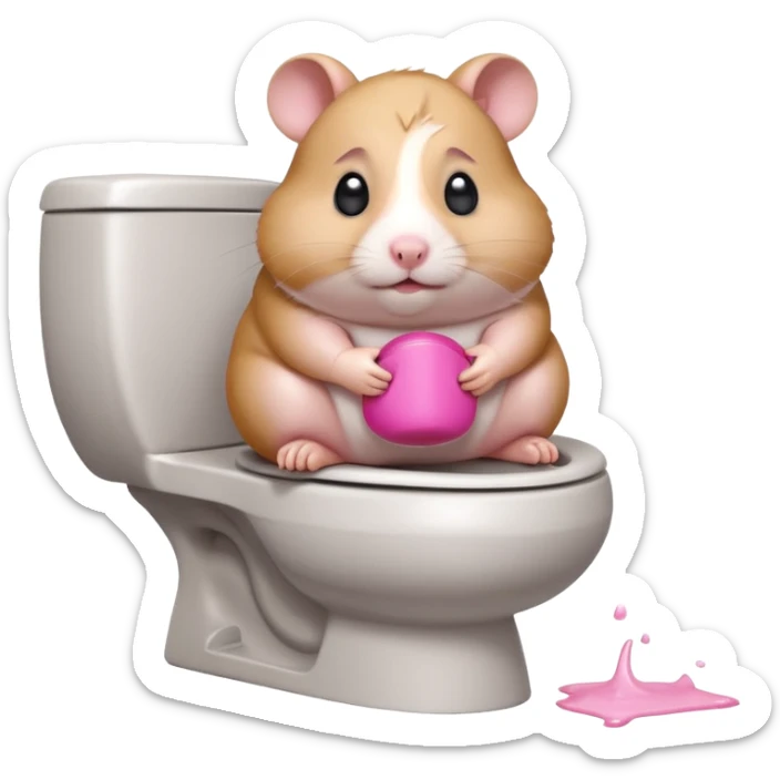 Cute chubby cartoon-style hamster sitting on toilet pooping looking as if he had an accident sticker
