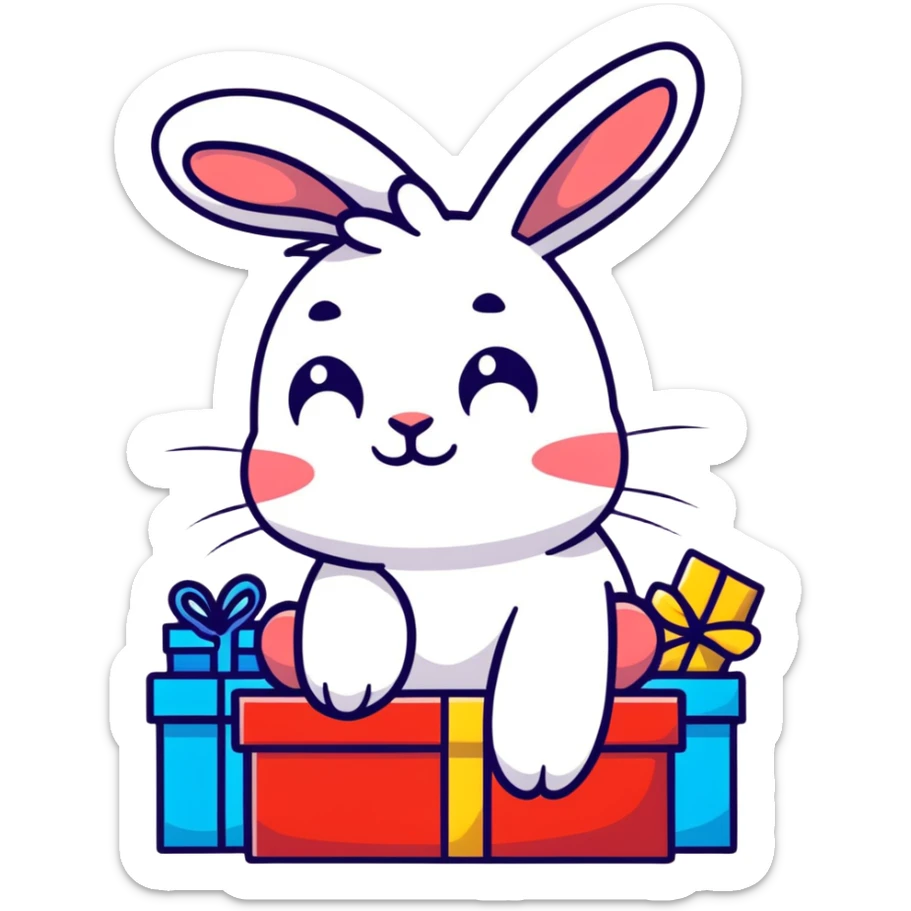 bunny lying on birthday gifts, sleepy and happy smile eyes sticker