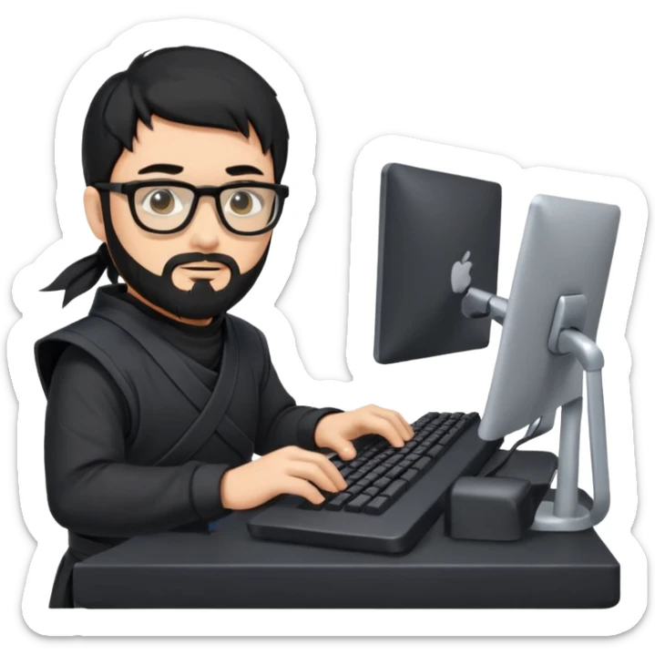 Man with black hair and beard wearing glasses in a ninja costume typing on a computer keyboard sticker
