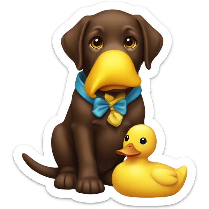 Chocolate lab puppy with big yellow duck plush toy in mouth sticker