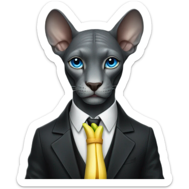 dark grey sphinx with bright blue eyes wearing black suit, holding banana in paws, portrait sticker