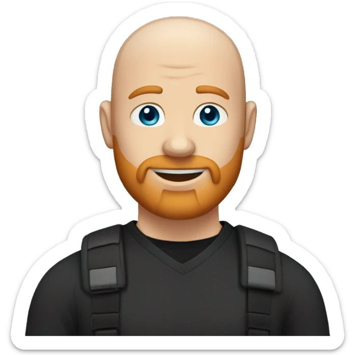 A Bald man with !blue! eyes and a ginger beard, wearing a black v-neck t-shirt. with a warm and welcome round face sticker