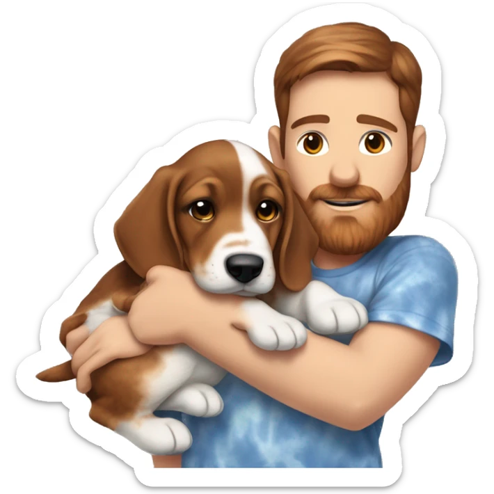 White male with short dark brown hair and reddish brown beard wearing a tie-dyed t-shirt cradling one mostly brown furred Bassett hound female puppy  sticker