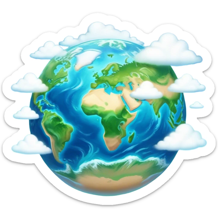 Cinematic Realistic Earth Emoji, depicted with vibrant blue oceans, clouds, and lush green continents rendered in exquisite detail, high shine, and a soft radiant glow that captures the dynamic, life-sustaining beauty of our home planet. sticker