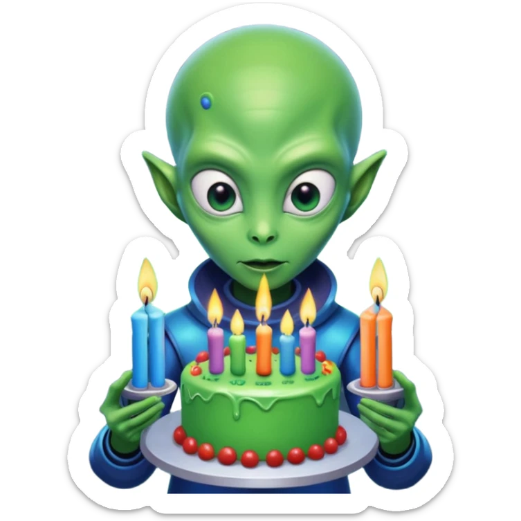 A detailed alien holding a colorful birthday cake with lit candles, standing inside a futuristic spaceship, cinematic lighting, ultra realistic textures, high resolution, dramatic shadows, sci-fi atmosphere
 sticker