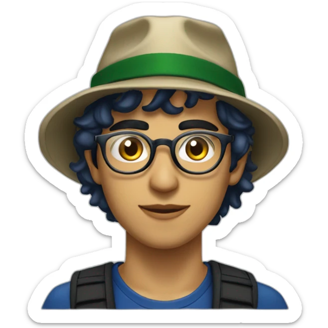 young algerian guy with dark blue smoking, thin gold transparent glasses, wearing black fishing hat with a scar on left cheek sticker