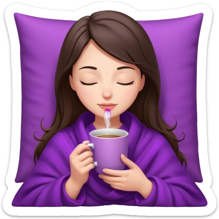 girl brunette inside a violet blanket sipping coffee from pink mug eyes closed iphone style sticker