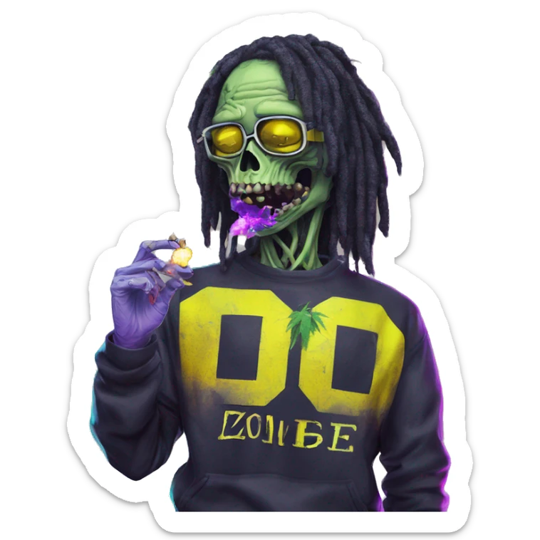 420 .Zombie_ Vaporwave black holographic oilslick zombie smoking yellow caution tape hemp leaves hemp plants sticker