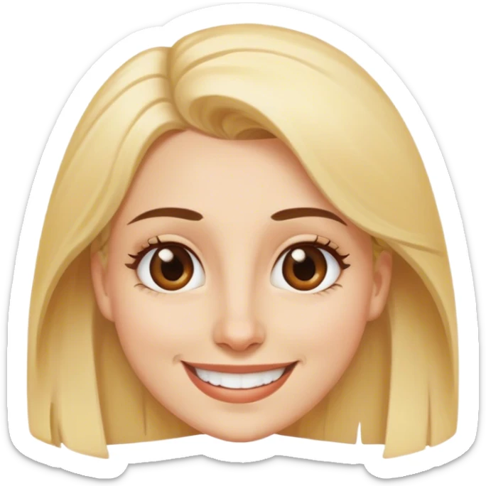 smiling blonde woman with brown eyes and wide noe sticker