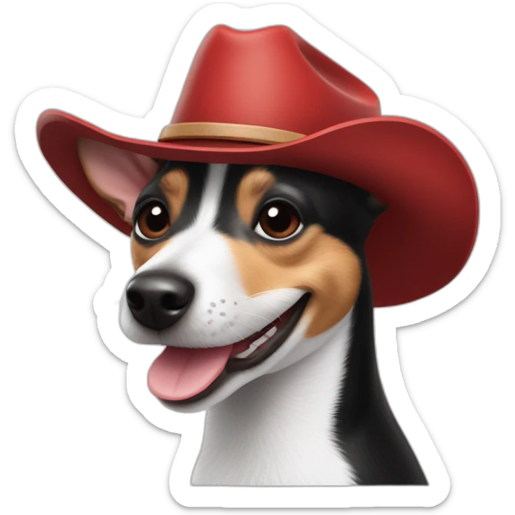 rat terrier wearing a cowboy hat and red collar smiling no brown (black and white) thumbs up sticker