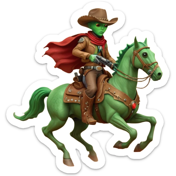 An alien cowboy riding a mechanical horse across a red Martian desert, two moons in the sky, dust storm swirling, wide cinematic shot, dramatic composition, hyper detailed, sci-fi western fusion sticker