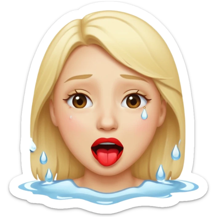 blonde having crying emoji tears (water-emoji) from hard laughter. really happy in general, happy eyes and open mouth. red lipstick sticker