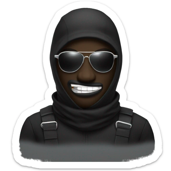 kan ye with a black balaclava in wooll, black sunglasses and silver grillz on teeth sticker