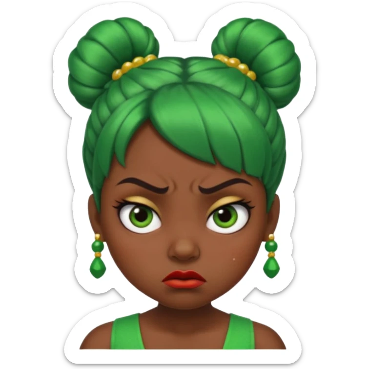 Create a 3D cartoon-style girl character with dark skin, round face, angry expression, big wide eyes, and tightly styled double buns made of green beaded hair. The girl should look irritated, eyebrows sharply angled, and lips pressed in a frown. sticker