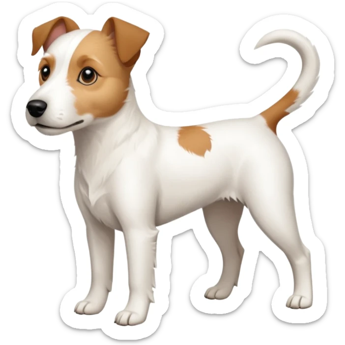 a full body slightly chubby white parson russell terrier looking dog the size of a kelpie with light brown long ears and a light brown patch on one eye and a large snout. the rest of the dog is completely whiteforward facing sticker