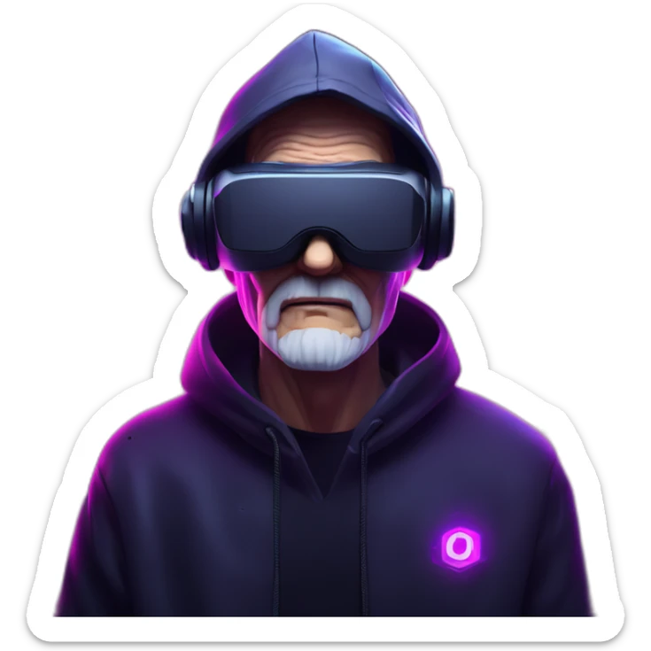 Russian old man wearing a black hoodie with "OMG" letters on it and VR headset in a cyberpunk VR environment with violet neon lighting. sticker