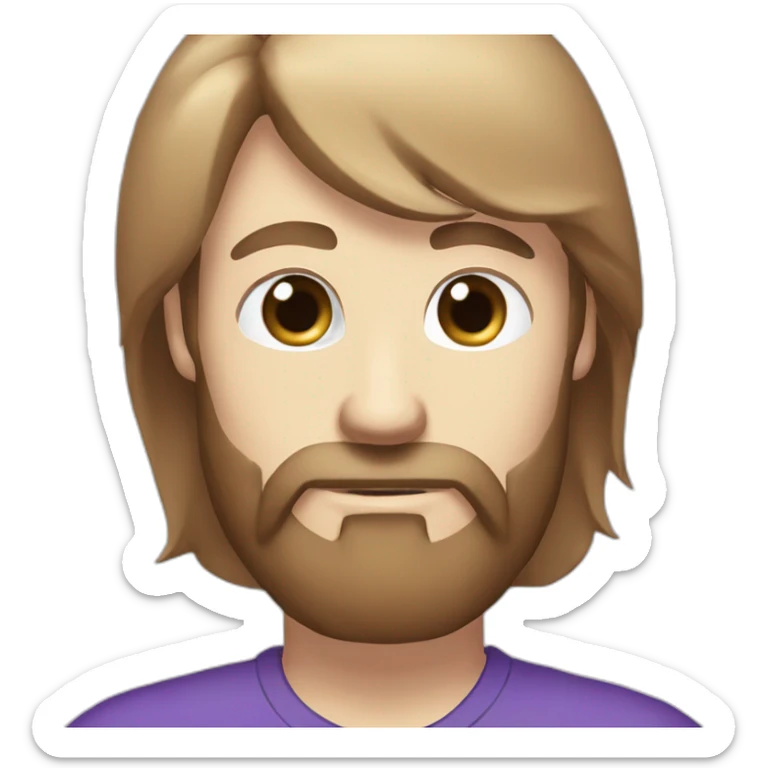 Twitch emote, white male blue eyes brown, thin mistache and beard, purple shirt sticker