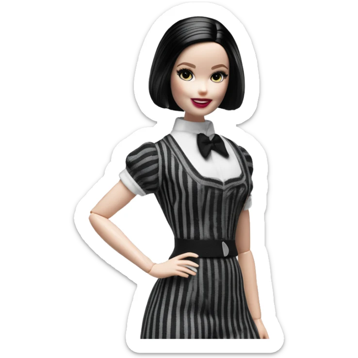 Silkstone Lingerie Barbie. Wednesday Addams from academy. Smiling. Dark-gray and black striped outfit. Very Pale-white porcelain skin.  sticker