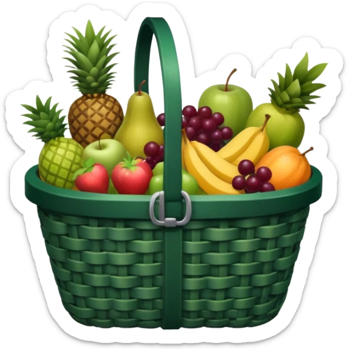 Dark green, plaid basket with both food, drink and fruits sticker